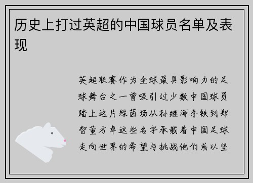 历史上打过英超的中国球员名单及表现